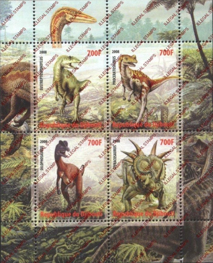 Djibouti 2008 Dinosaurs Illegal Stamp Souvenir Sheet of 4