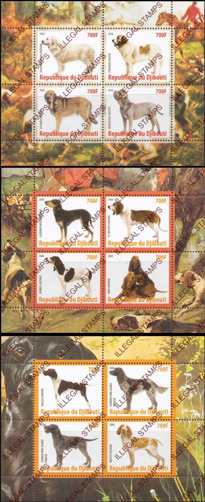 Djibouti 2008 Dogs Illegal Stamp Souvenir Sheets of 4