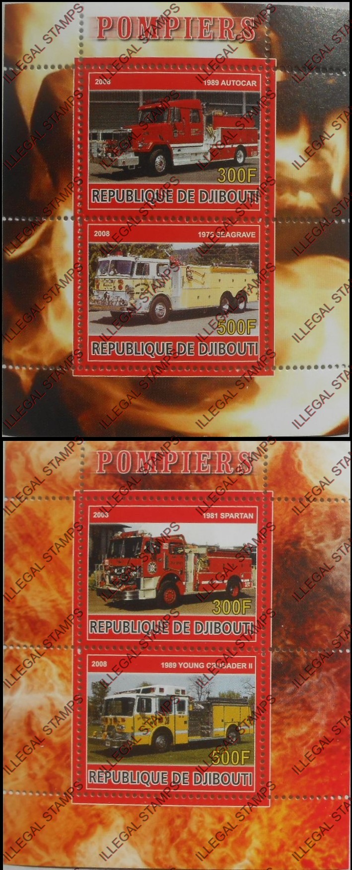 Djibouti 2008 Fire Engines Illegal Stamp Souvenir Sheets of 2