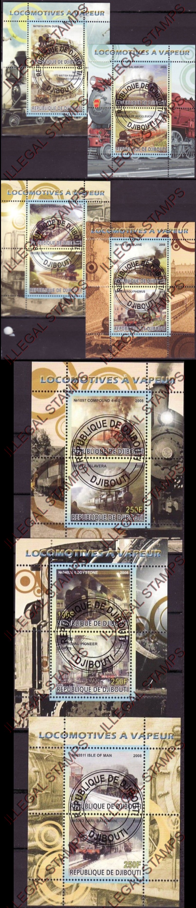 Djibouti 2008 Steam Locomotives Illegal Stamp Souvenir Sheets of 2