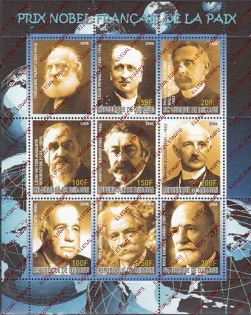 Djibouti 2008 Nobel Prize Winners Illegal Stamp Sheetlet of 9