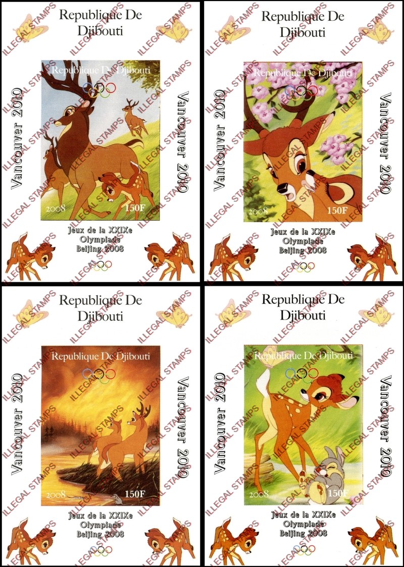 Djibouti 2008 Olympics Disney Bambi Illegal Stamp Deluxe Souvenir Sheets of 1
