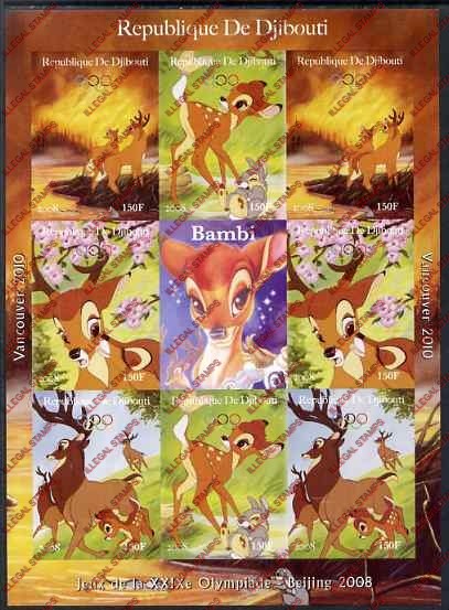Djibouti 2008 Olympics Disney Bambi Illegal Stamp Sheetlet of 9