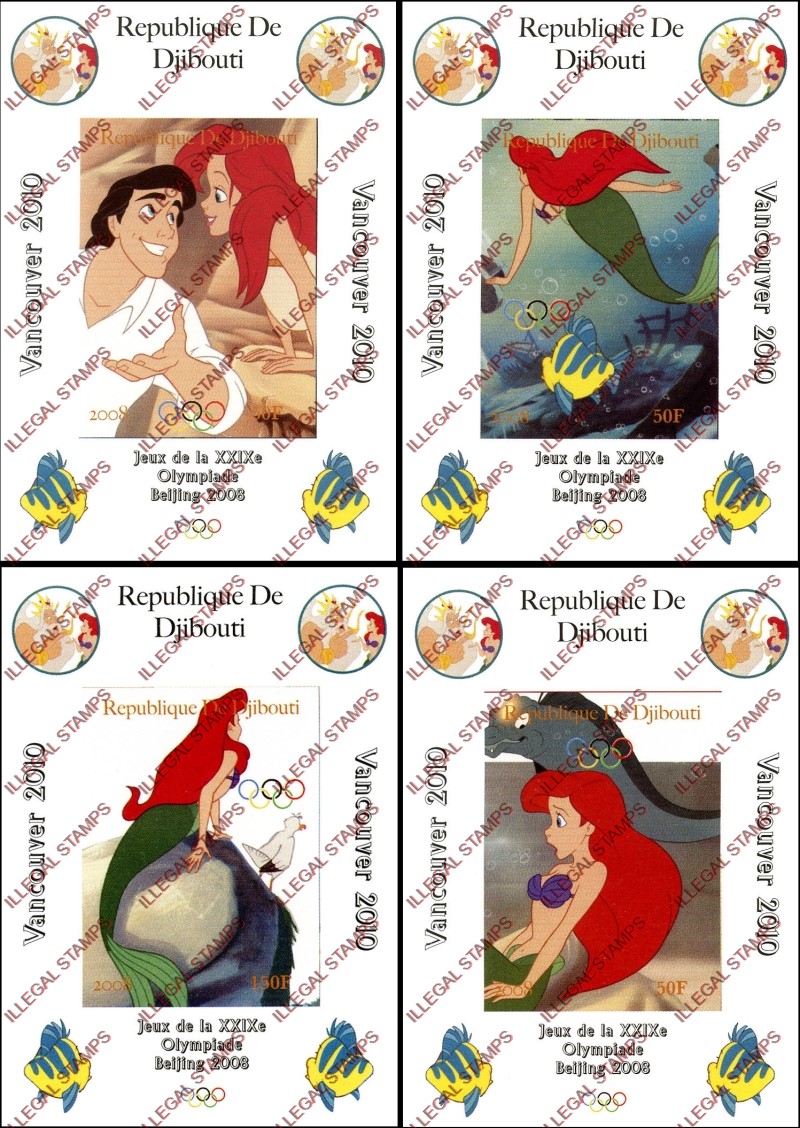 Djibouti 2008 Olympics The Little Mermaid Illegal Stamp Deluxe Souvenir Sheets of 1