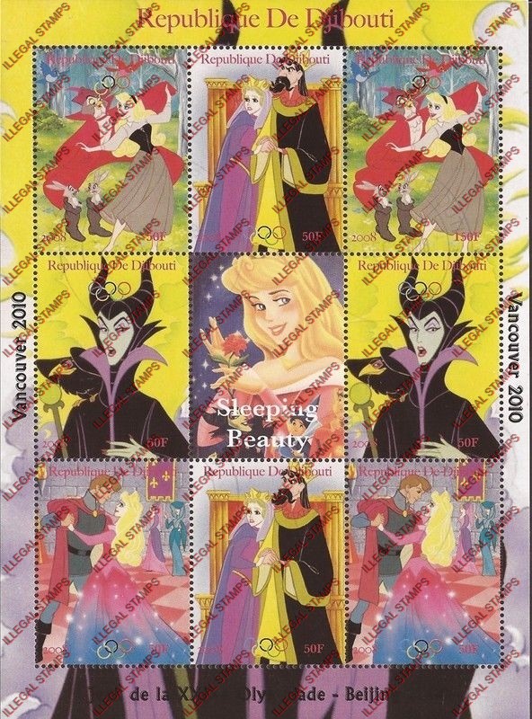 Djibouti 2008 Olympics Disney Sleeping Beauty Illegal Stamp Sheetlet of 9