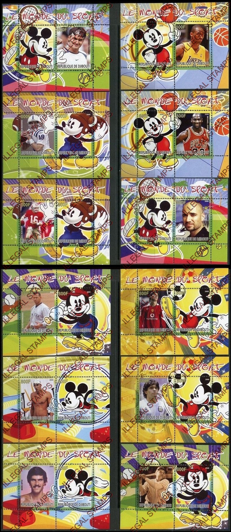 Djibouti 2008 The World of Sports with Mickey Mouse Illegal Stamp Souvenir Sheets of 2