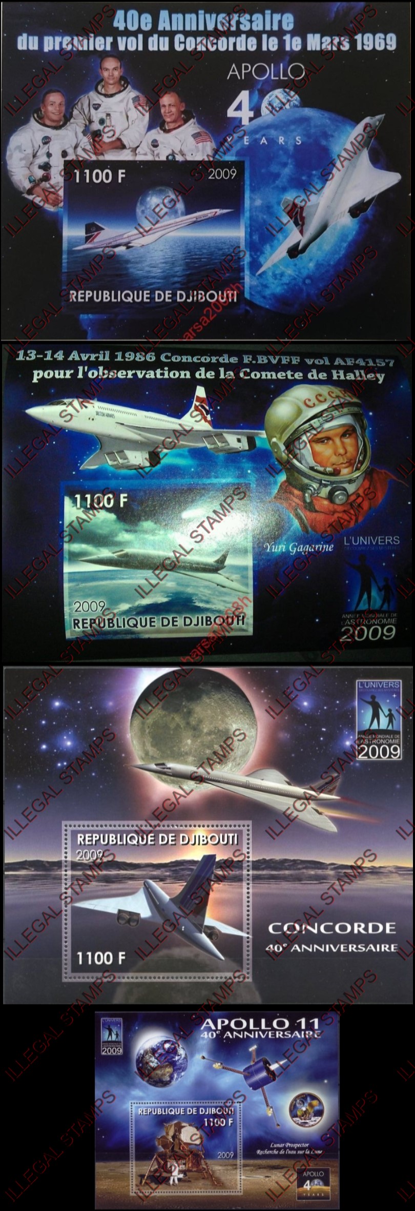 Djibouti 2009 Astronomy Concorde, Gagarin and Apollo Illegal Stamp Souvenir Sheets of 1
