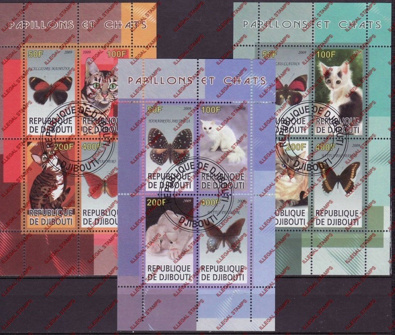 Djibouti 2009 Butterflies and Cats Illegal Stamp Souvenir Sheets of 4