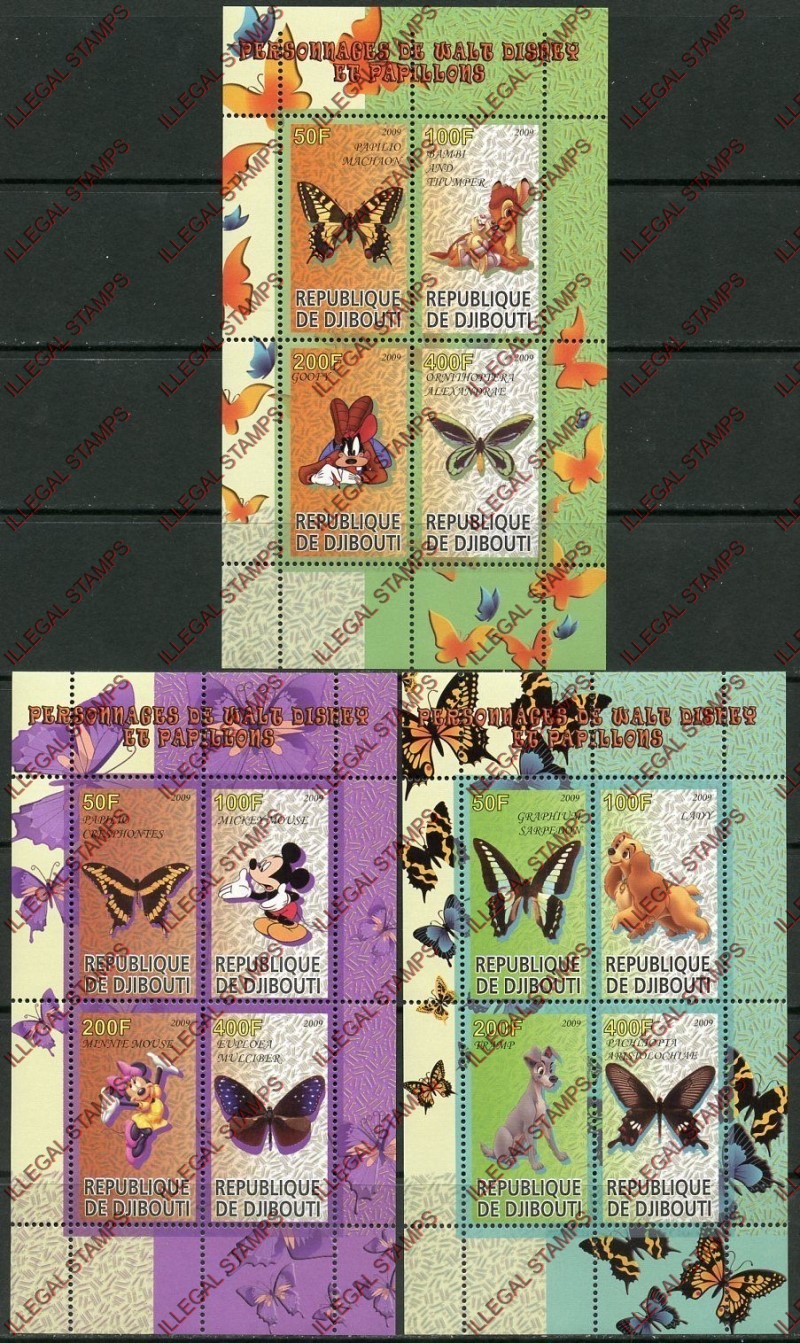 Djibouti 2009 Butterflies and Disney Characters Illegal Stamp Souvenir Sheets of 4