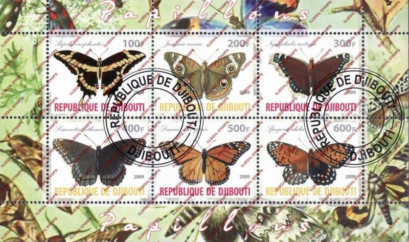 Djibouti 2009 Butterflies Illegal Stamp Sheetlet of 6