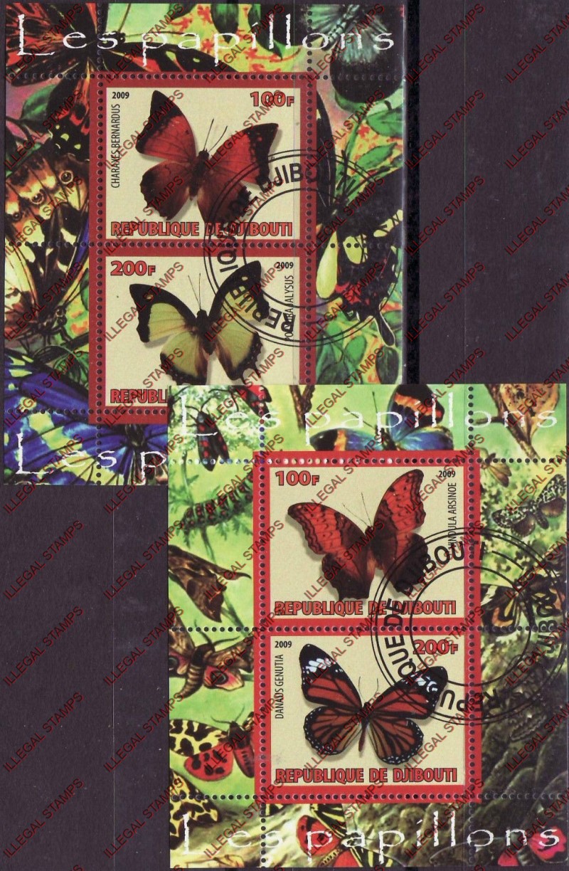 Djibouti 2009 Butterflies Illegal Stamp Souvenir Sheets of 2