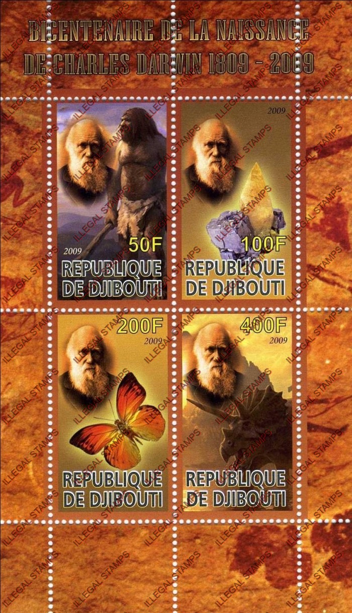 Djibouti 2009 Charles Darwin Illegal Stamp Souvenir Sheet of 4