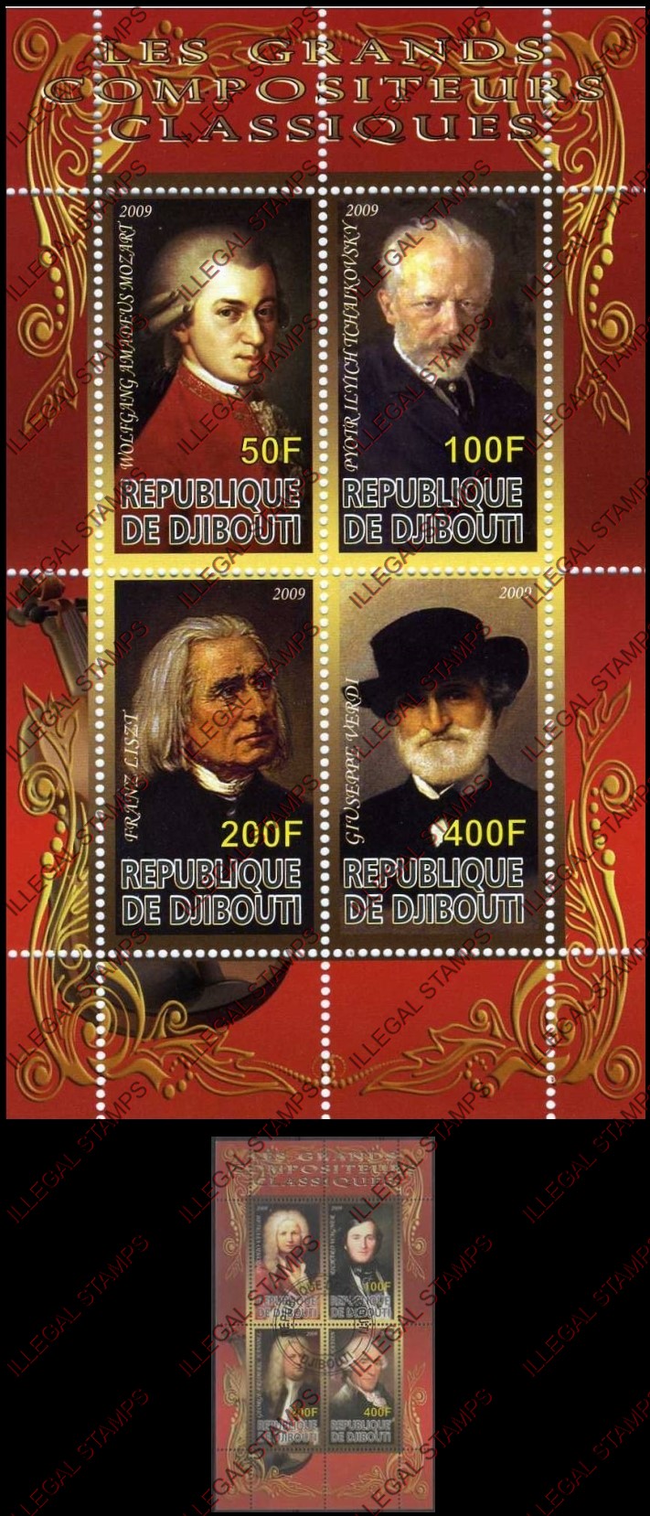 Djibouti 2009 Composers Illegal Stamp Souvenir Sheets of 4