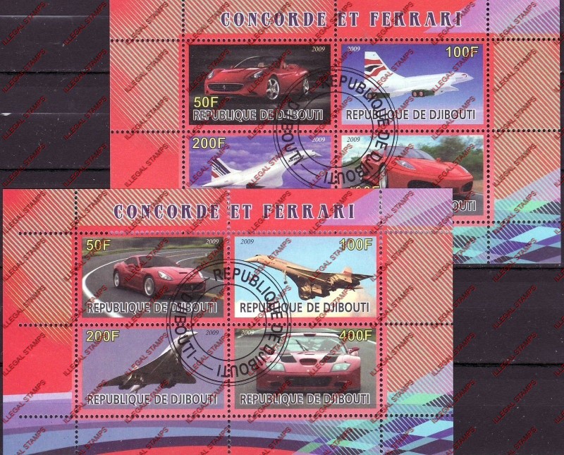 Djibouti 2009 Concorde and Ferrari Illegal Stamp Souvenir Sheets of 4