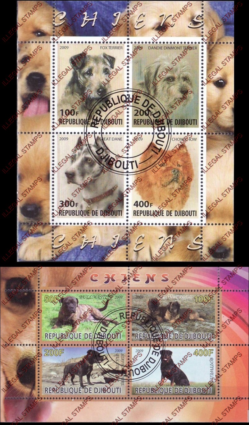 Djibouti 2009 Dogs Illegal Stamp Souvenir Sheets of 4
