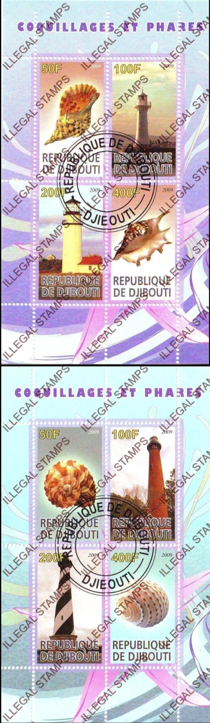 Djibouti 2009 Lighthouses and Shells Illegal Stamp Souvenir Sheets of 4