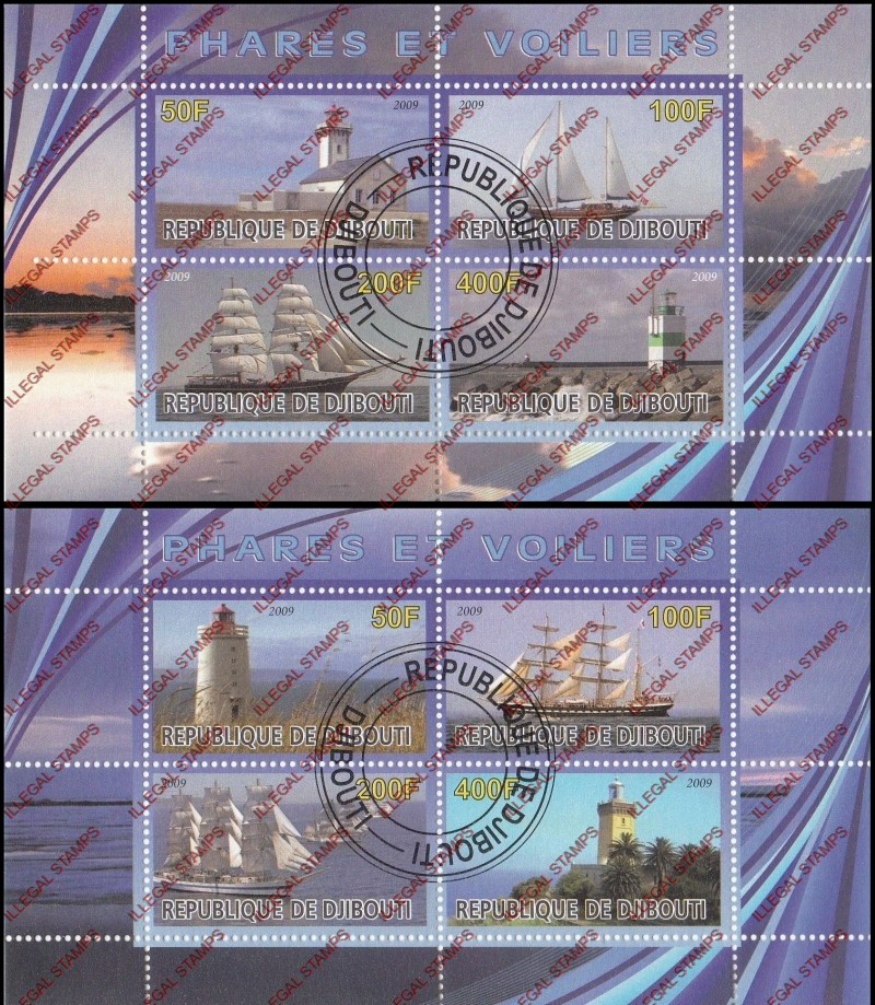 Djibouti 2009 Lighthouses and Ships Illegal Stamp Souvenir Sheets of 4