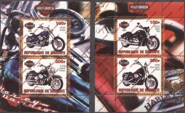 Djibouti 2009 Motorcycles Harley Davidson Illegal Stamp Souvenir Sheets of 2