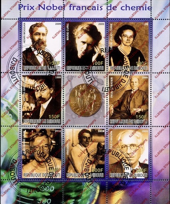 Djibouti 2009 Nobel Prize Winners Illegal Stamp Sheetlet of 9