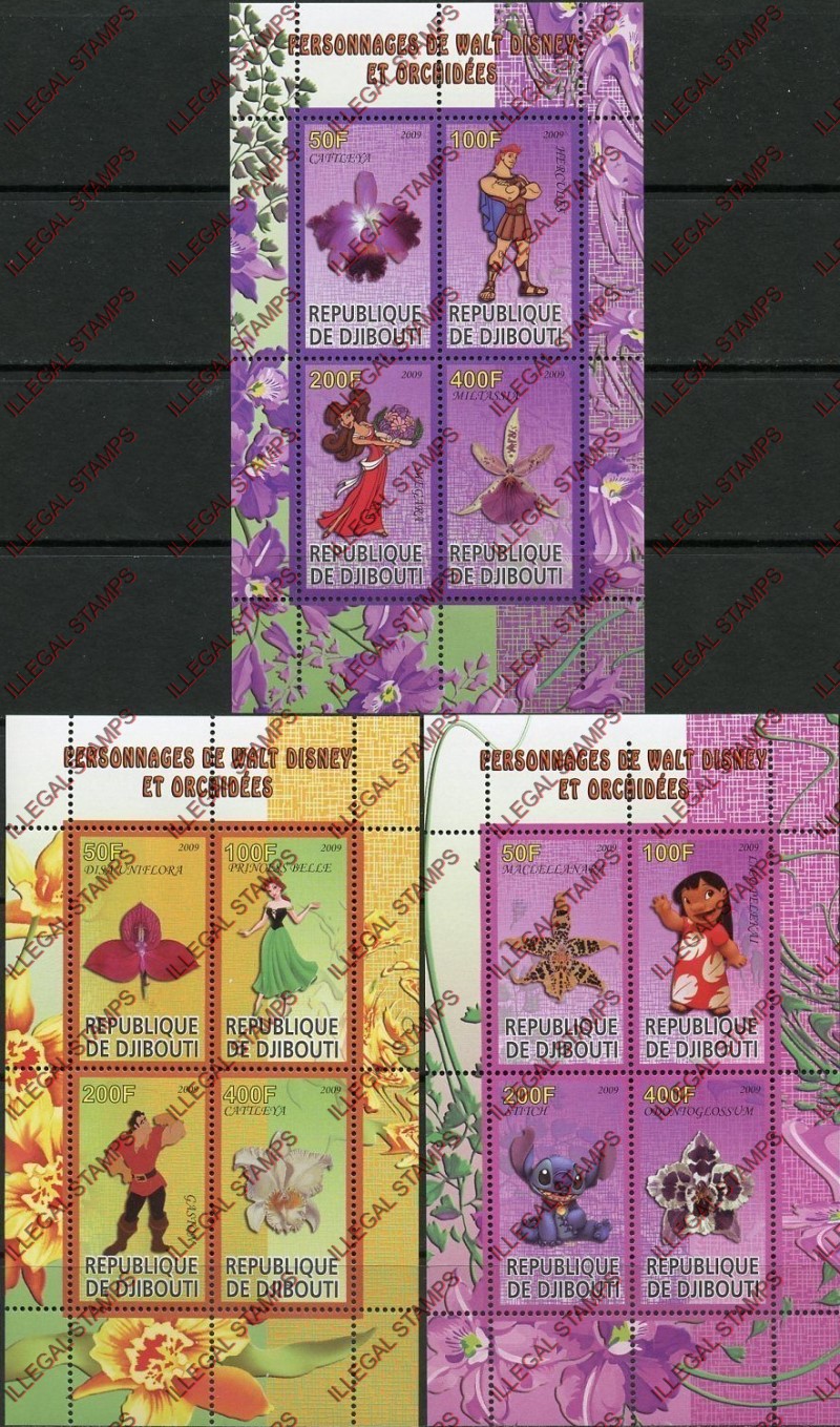 Djibouti 2009 Orchids and Disney Characters Illegal Stamp Souvenir Sheets of 4