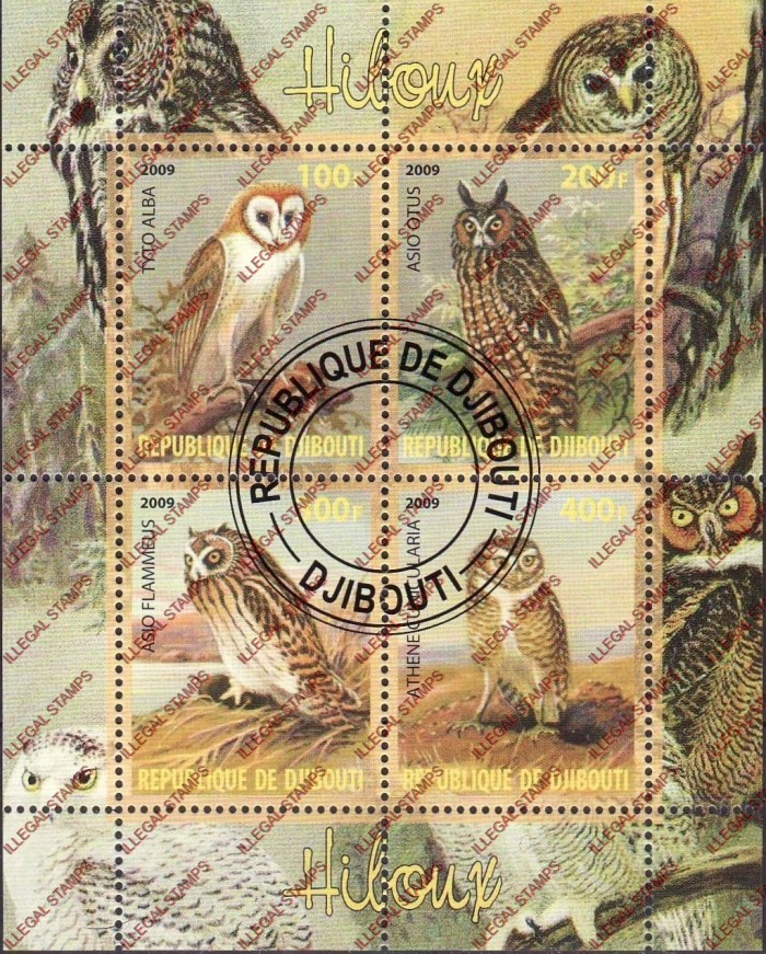 Djibouti 2009 Owls Illegal Stamp Souvenir Sheet of 4