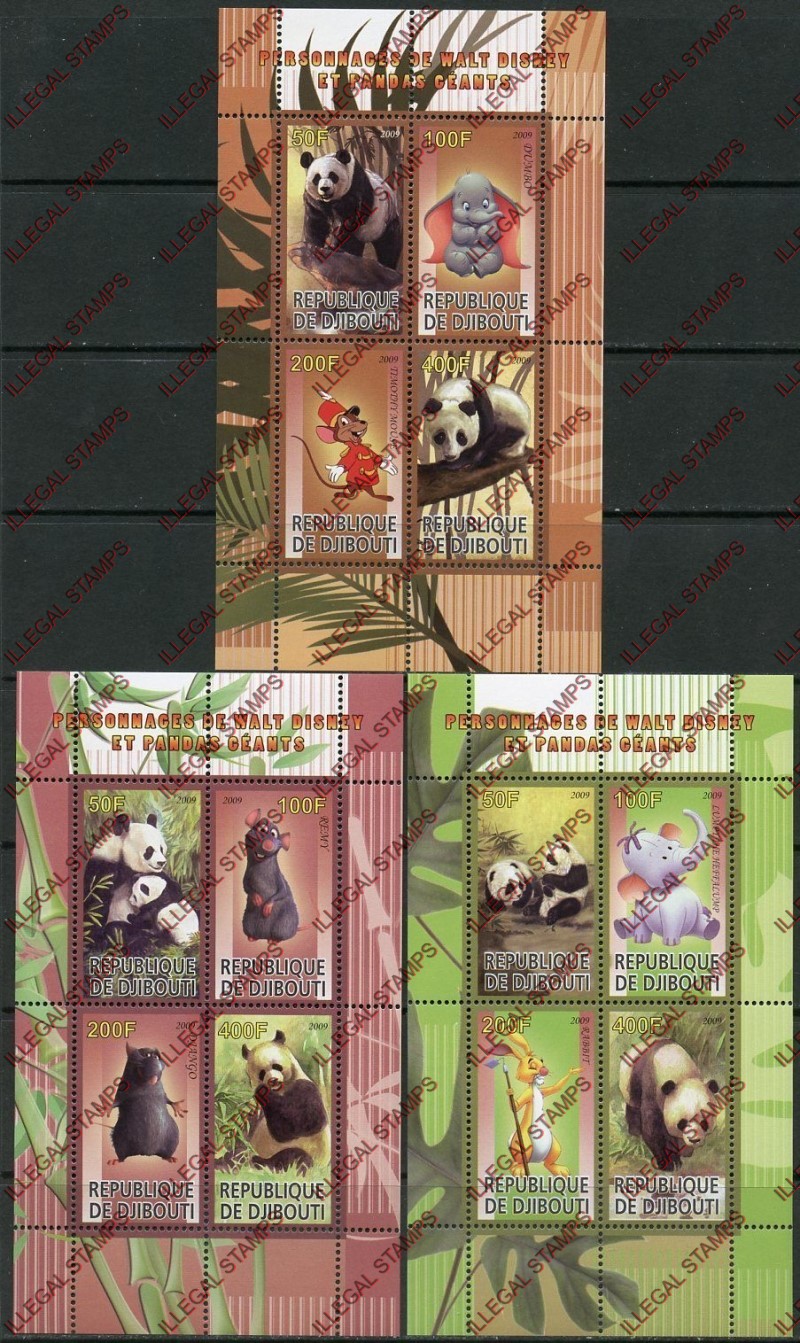 Djibouti 2009 Panda Giants and Disney Characters Illegal Stamp Souvenir Sheets of 4