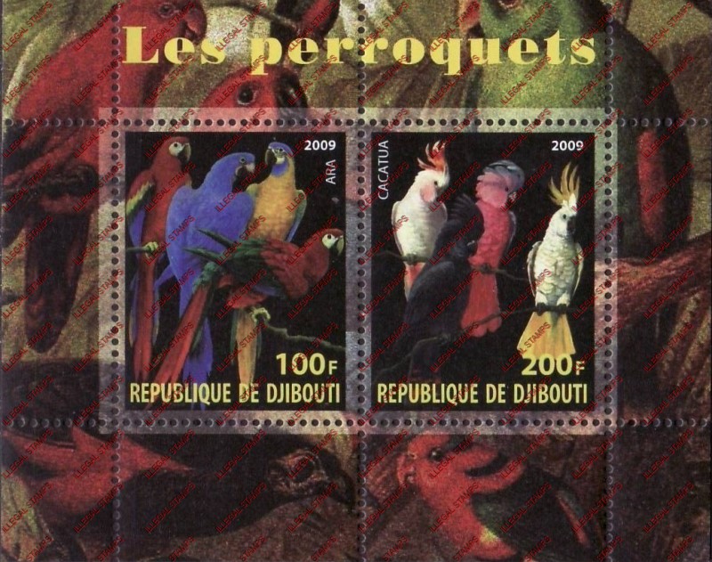 Djibouti 2009 Parrots Illegal Stamp Souvenir Sheet of 2