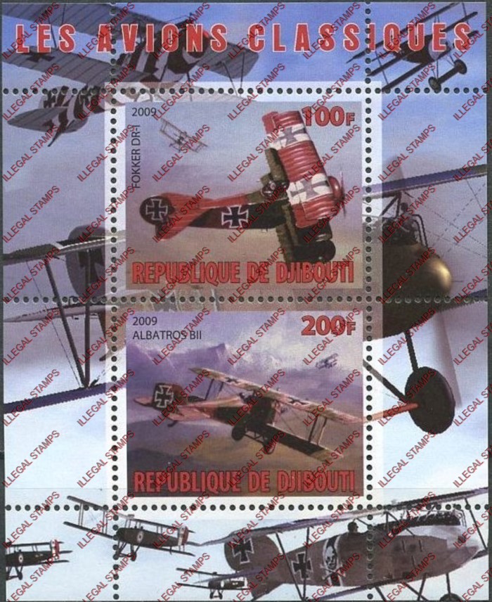 Djibouti 2009 Classic Planes Illegal Stamp Souvenir Sheet of 2