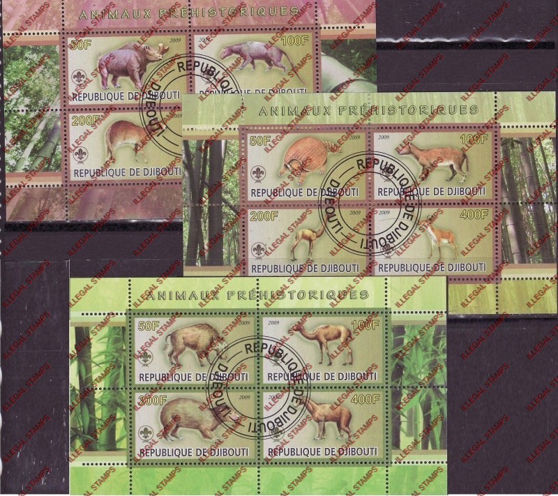 Djibouti 2009 Prehistoric Animals Illegal Stamp Souvenir Sheets of 4