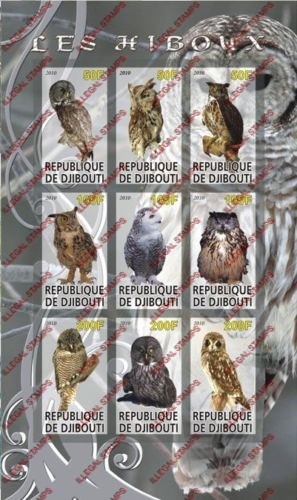 Djibouti 2010 African Owls Illegal Stamp Sheetlet of 9
