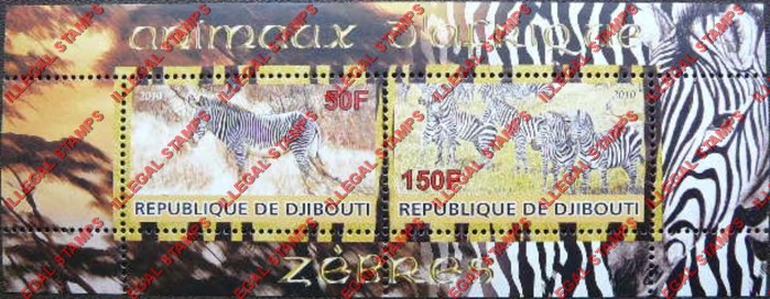 Djibouti 2010 Animals of Africa Zebras Illegal Stamp Souvenir Sheet of 2