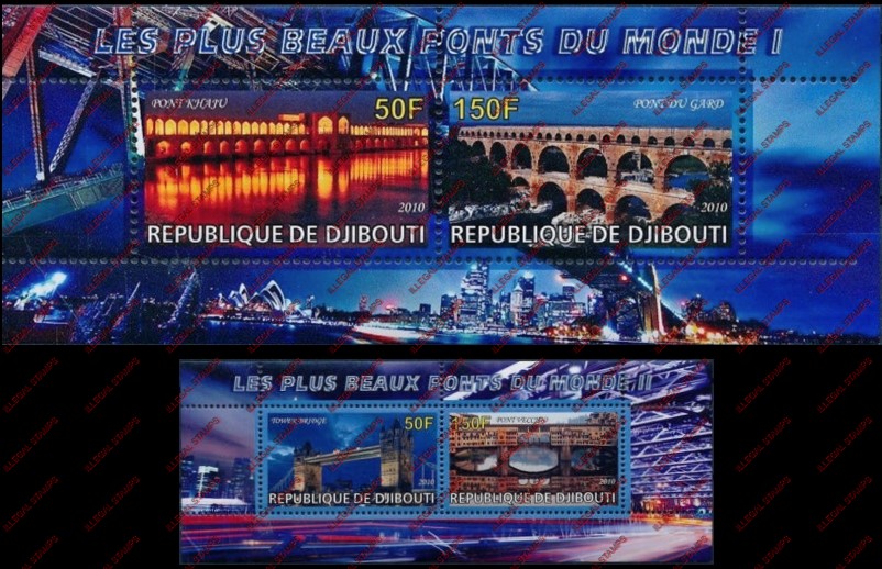 Djibouti 2010 Bridges of the World Illegal Stamp Souvenir Sheets of 2