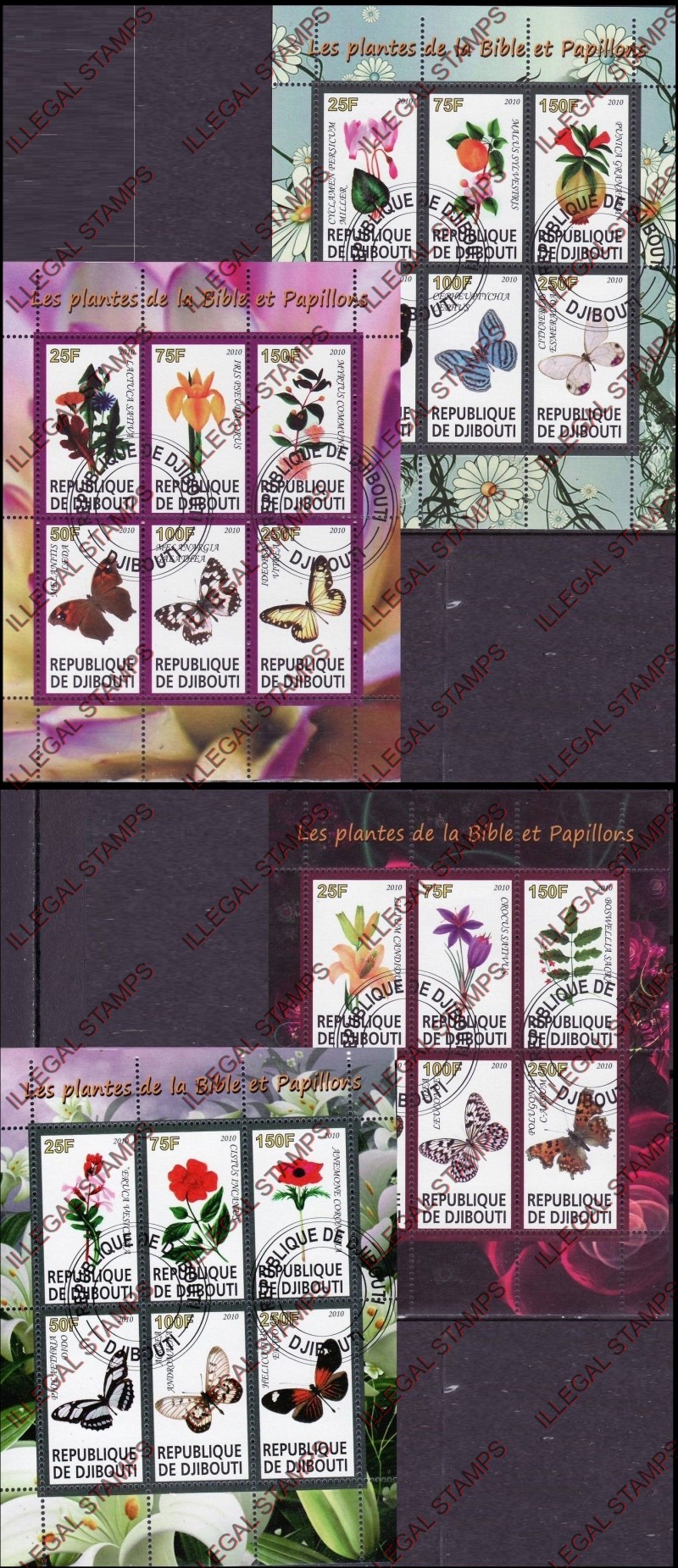 Djibouti 2010 Butterflies and Flowers Illegal Stamp Sheetlets of 6
