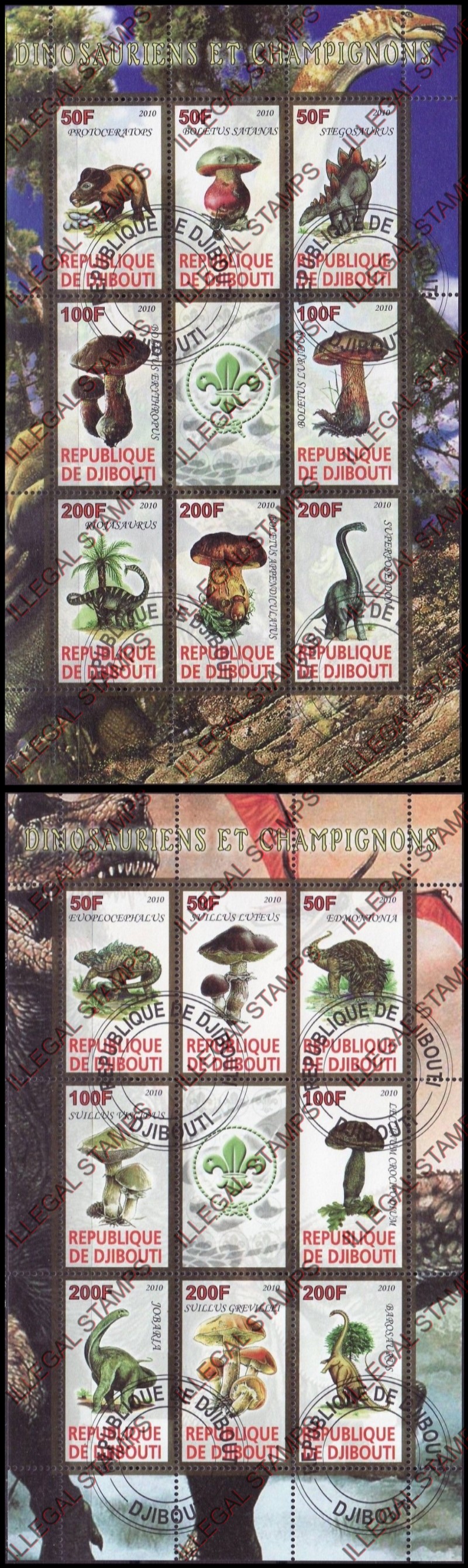 Djibouti 2010 Dinosaurs and Mushrooms Illegal Stamp Sheetlets of 9