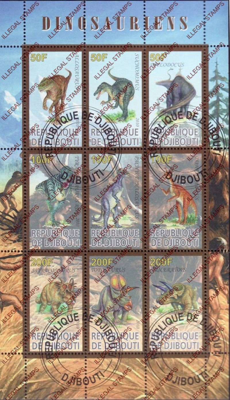 Djibouti 2010 Dinosaurs Illegal Stamp Sheetlet of 9