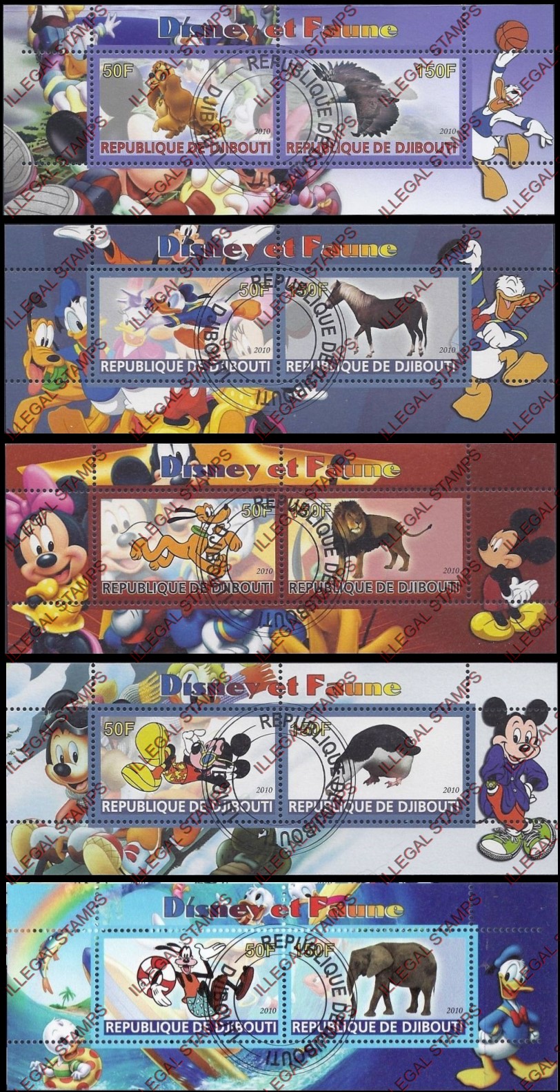 Djibouti 2010 Disney and Fauna Illegal Stamp Souvenir Sheets of 2