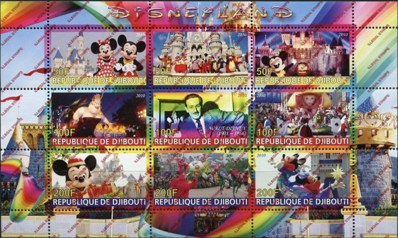 Djibouti 2010 Disneyland Illegal Stamp Sheetlet of 9