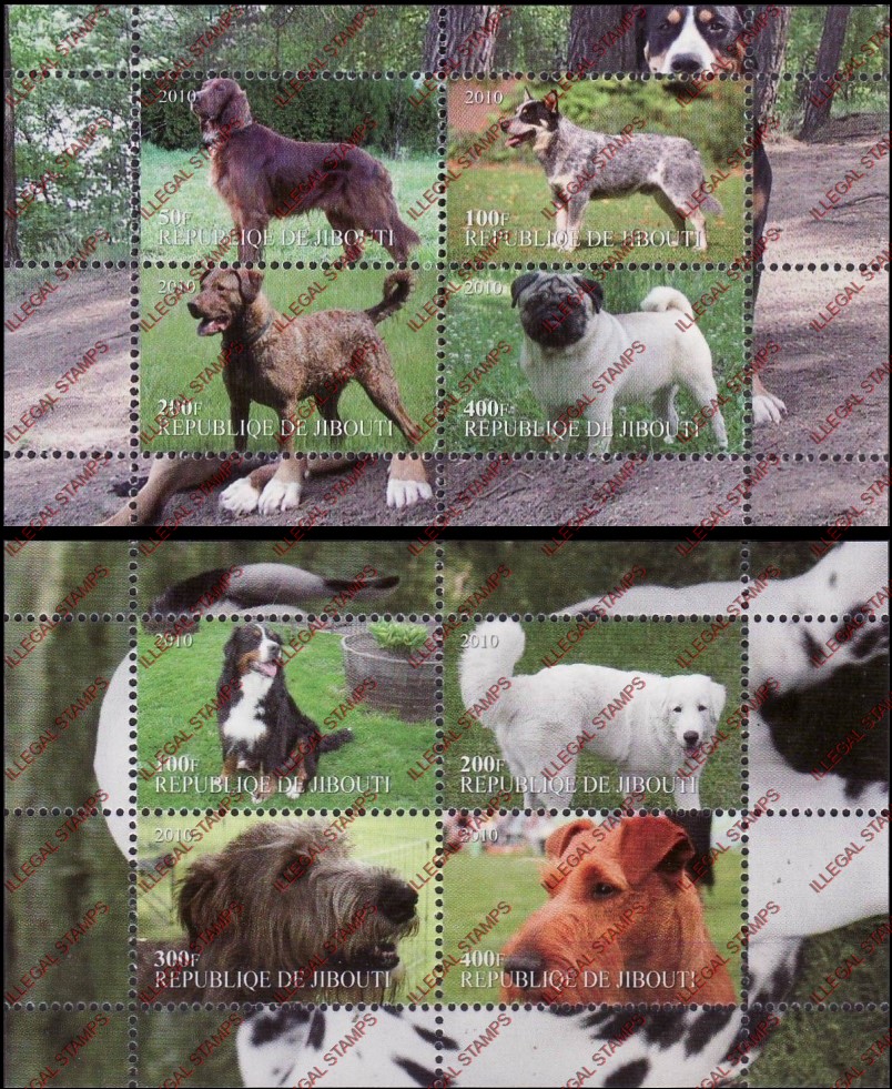 Djibouti 2010 Dogs Illegal Stamp Souvenir Sheets of 4