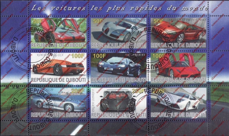 Djibouti 2010 Fast Cars of the World Illegal Stamp Sheetlet of 9