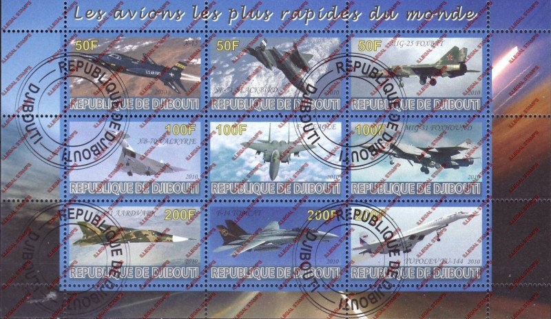 Djibouti 2010 Fast Planes of the World Illegal Stamp Sheetlet of 9
