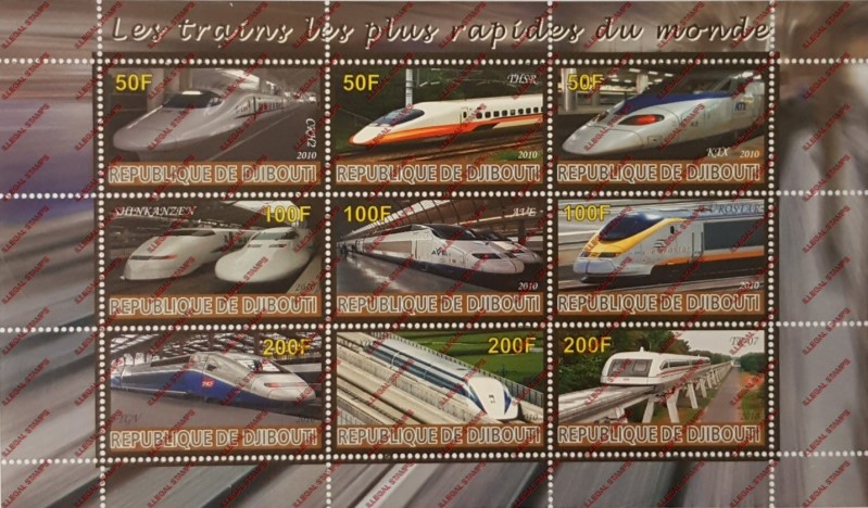 Djibouti 2010 Fast Trains of the World Illegal Stamp Sheetlet of 9