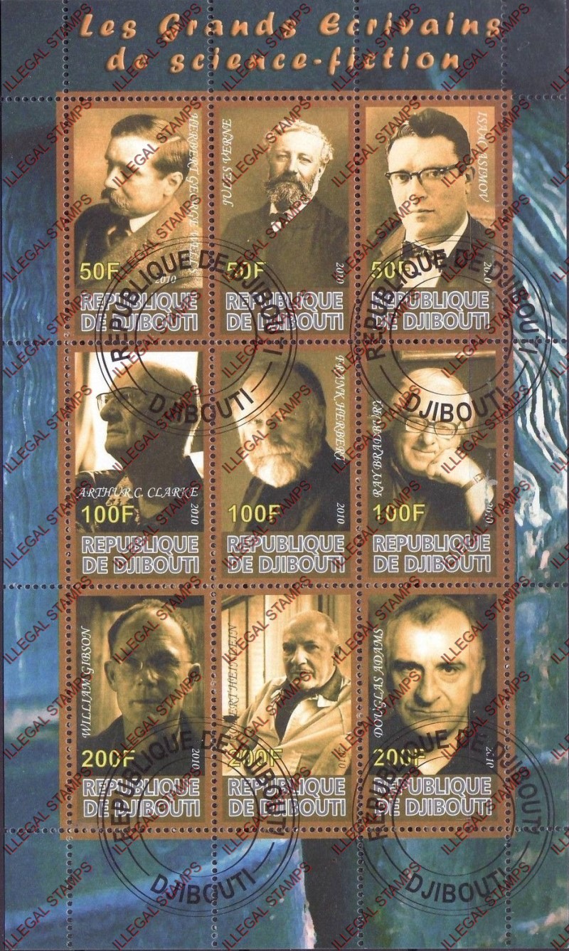 Djibouti 2010 Great Science Fiction Writers Illegal Stamp Sheetlet of 9