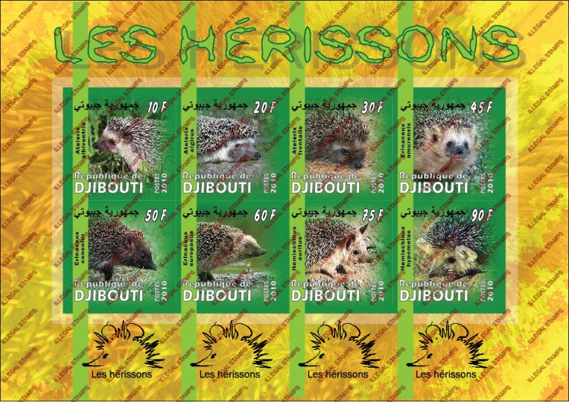 Djibouti 2010 Hedgehogs Illegal Stamp Sheetlet of 8