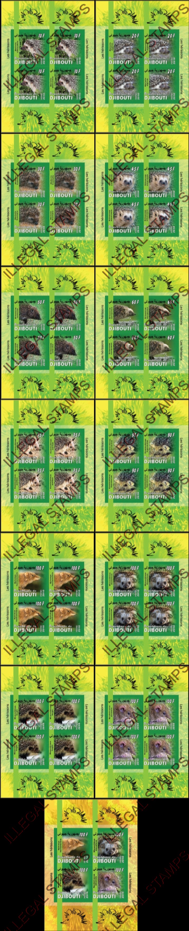 Djibouti 2010 Hedgehogs Illegal Stamp Souvenir Sheetlets of 4