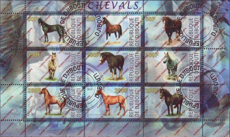 Djibouti 2010 Horses Illegal Stamp Sheetlet of 9