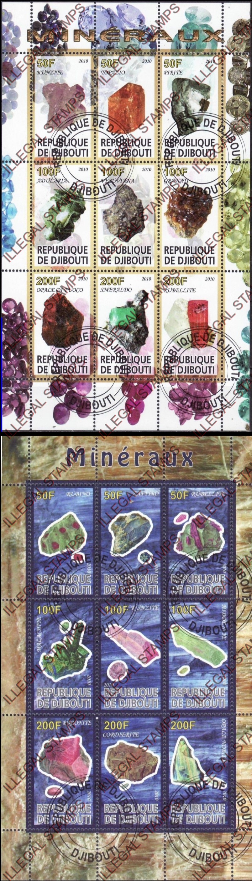 Djibouti 2010 Minerals Illegal Stamp Sheetlets of 9