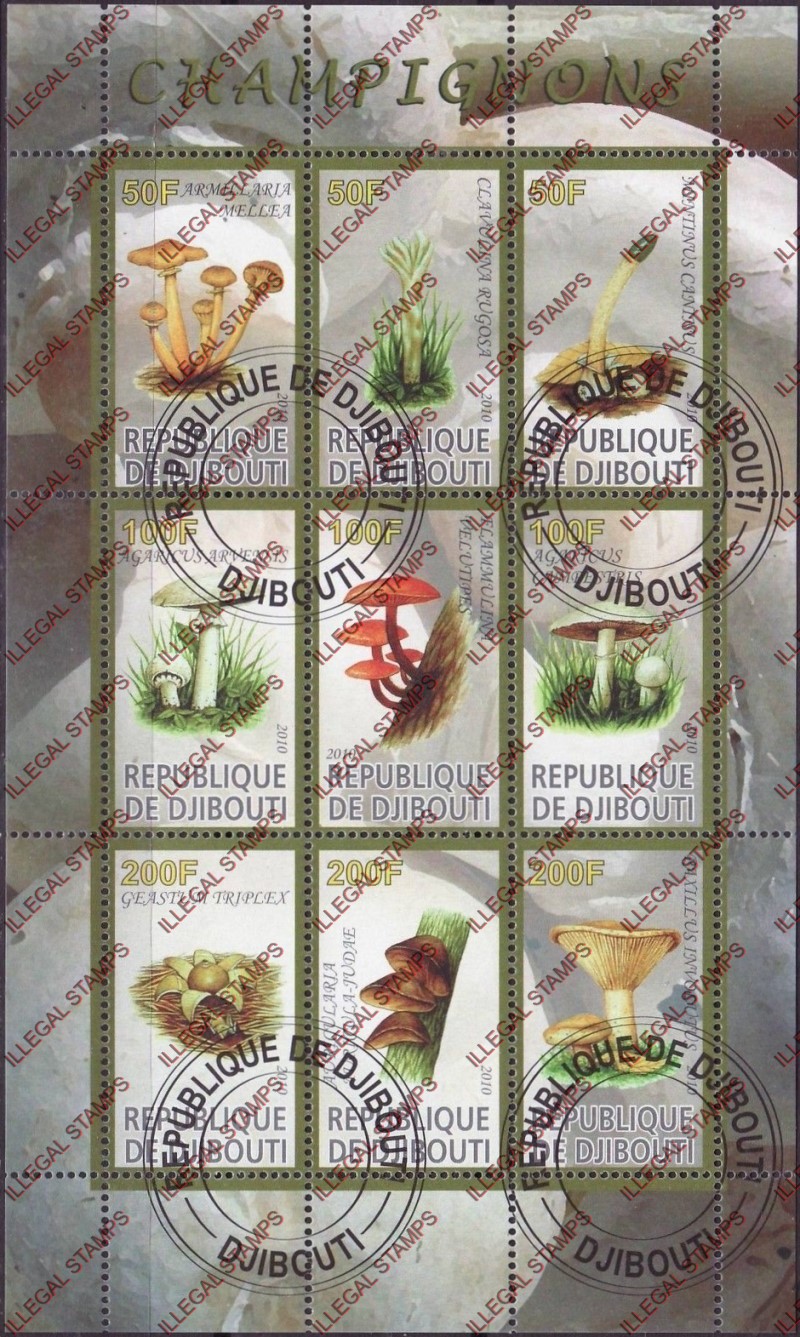 Djibouti 2010 Mushrooms Illegal Stamp Sheetlet of 9