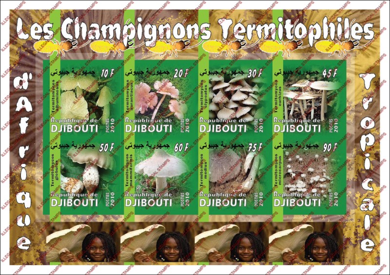 Djibouti 2010 Mushrooms Illegal Stamp Sheetlet of 8