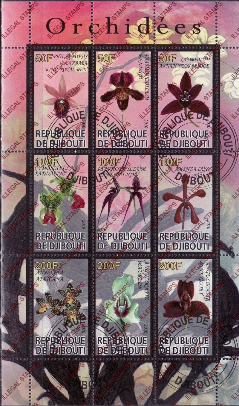 Djibouti 2010 Orchids Illegal Stamp Sheetlet of 9