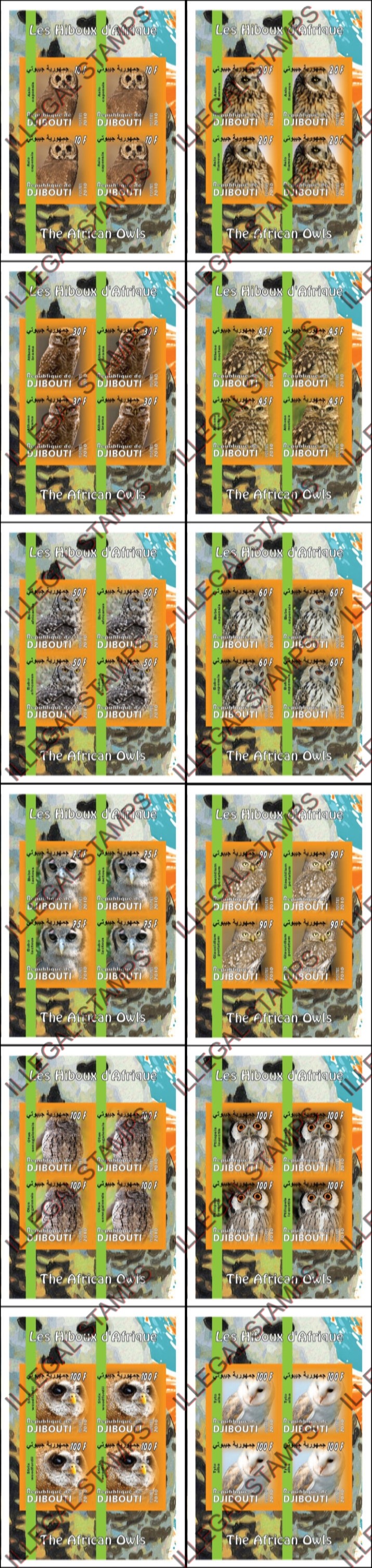 Djibouti 2010 Owls Illegal Stamp Deluxe Souvenir Sheets of 4